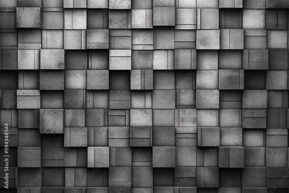  a black and white photo of a wall made out of squares of different sizes and shapes, with a black b