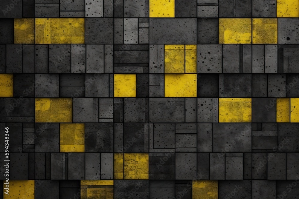  a black and yellow wall with squares of different sizes and sizes of squares on its sides and a ye