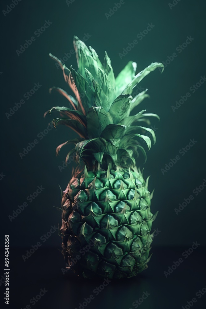  a green pineapple sitting on top of a black counter top next to a green wall and a black floor with