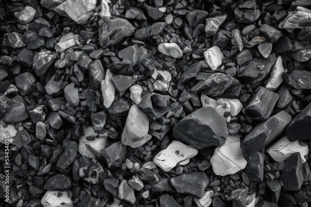  black and white photograph of rocks and pebbles on a beach in the ocean or ocean water, with a blac