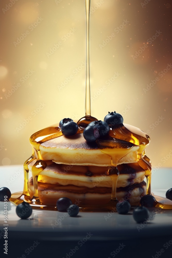  a stack of pancakes with syrup and blueberries on a white plate with a spoon in the middle of the p