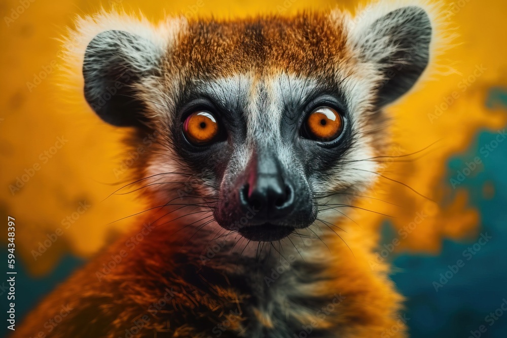  a close up of a small animal with a yellow and blue background and a brown and white face and a bla