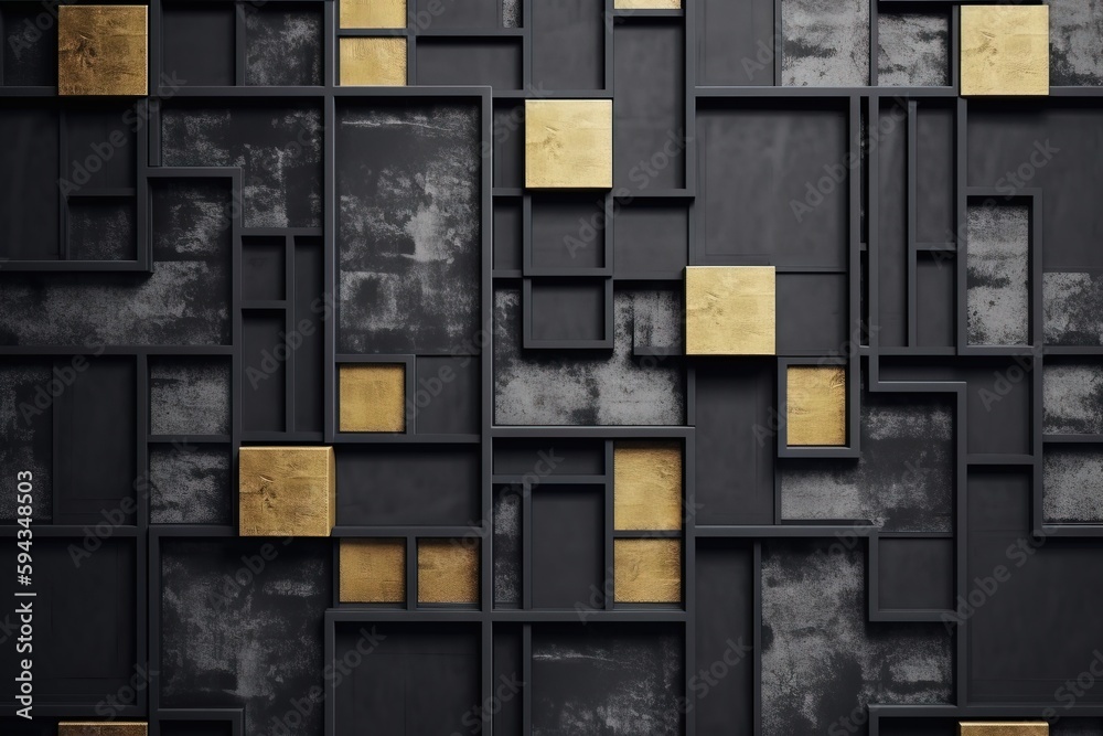  a black and gold wall with squares and squares on the side of the wall, and a gold square on the si