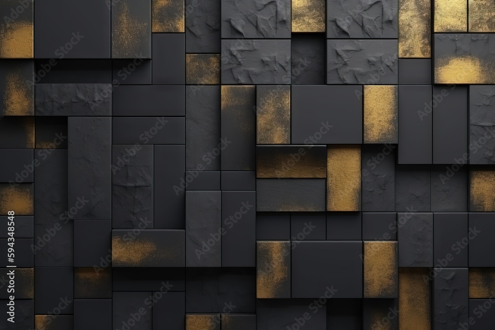  a black and gold wall with squares of different sizes and shapes, with gold highlights on the top o