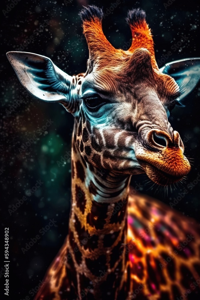  a close up of a giraffes face with a black background and stars in the sky in the backgrouund.  ge