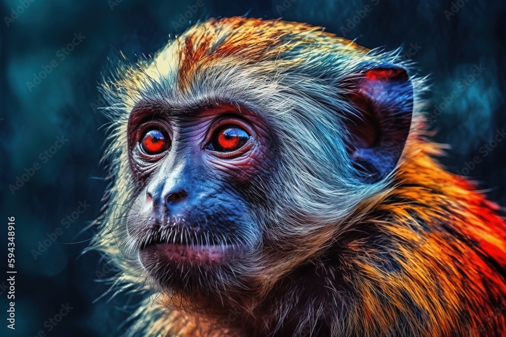  a monkey with red eyes looking at the camera with a blurry back ground behind it and a blurry back 