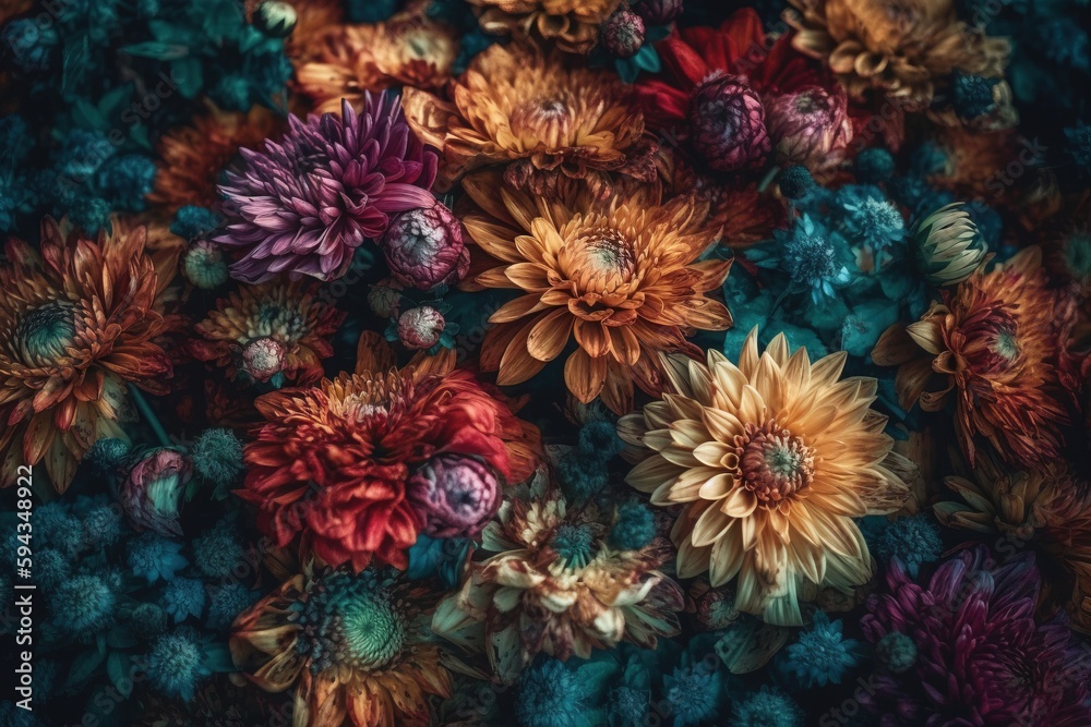  a bunch of flowers that are sitting on a table together in a bunch of colors that are red, yellow, 