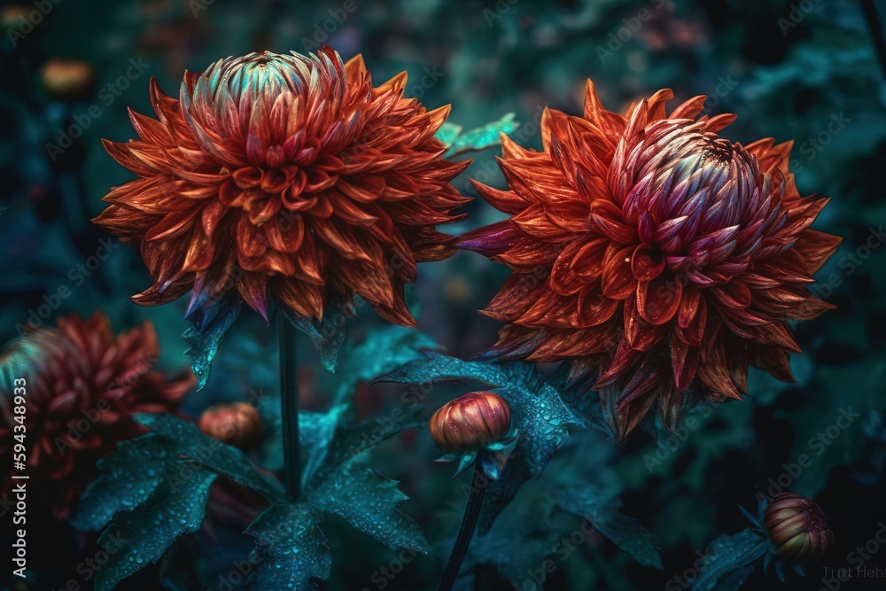  a close up of two red flowers with green leaves in the foreground and a background of green leaves 