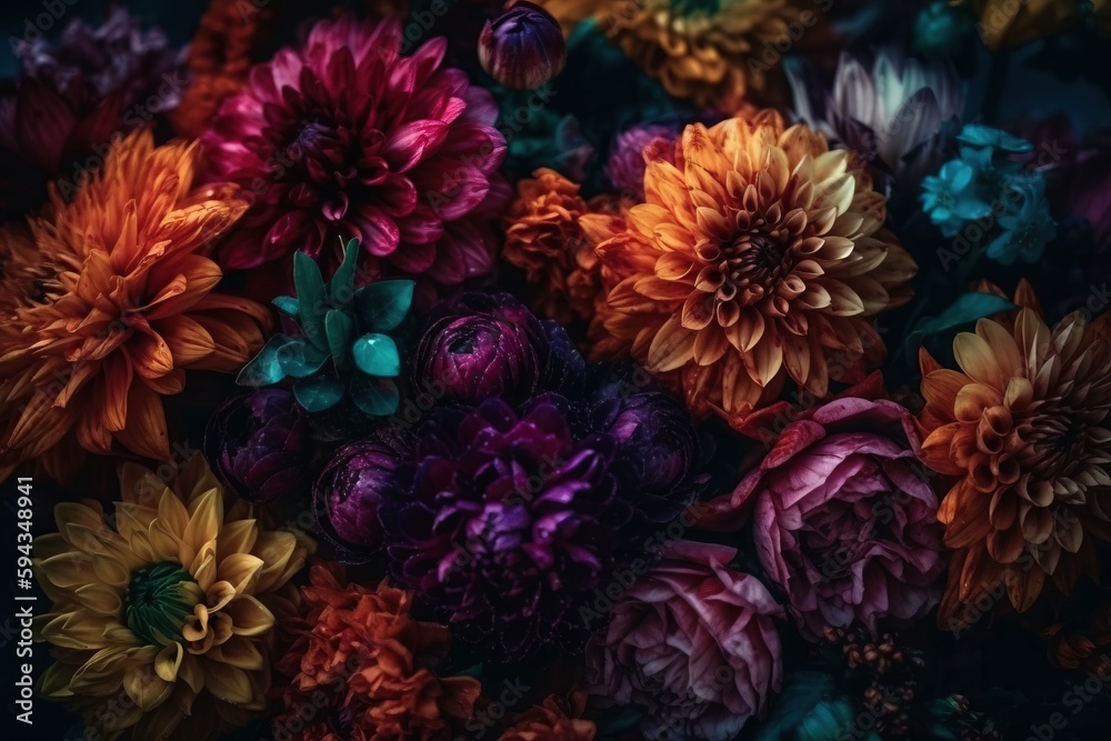  a bunch of flowers that are sitting on a table in the dark night time, with the colors of purple, o