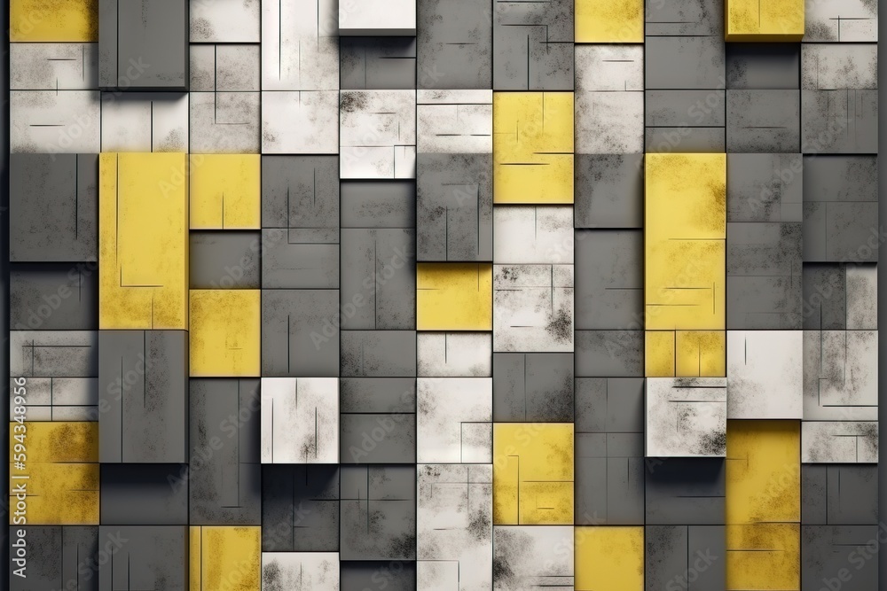  an abstract wall with yellow and gray squares on its sides and a black frame around the edges of t