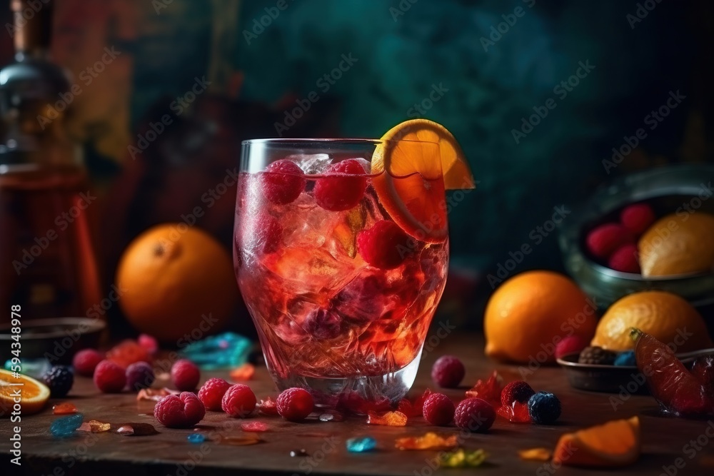  a glass filled with ice and raspberries on top of a table next to oranges and a bottle of alcohol o