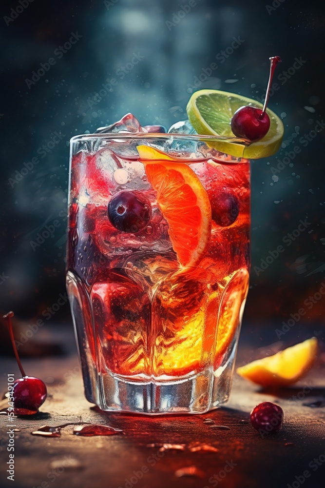  a glass of ice tea with cherries and lemons on a table with a slice of lime and a lime on top of it