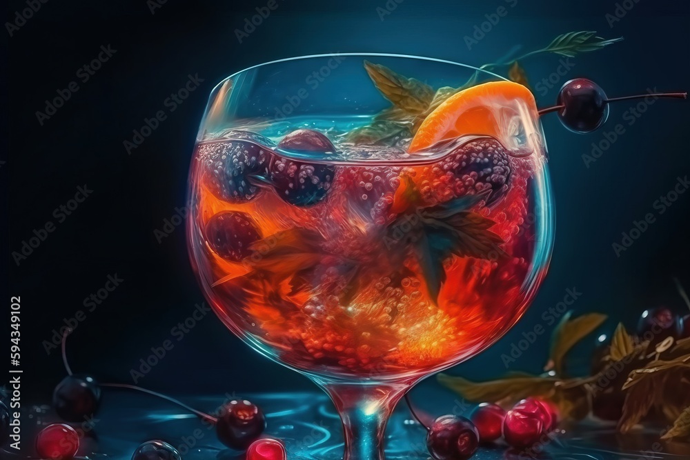  a painting of a glass filled with liquid and fruit on a table with leaves, berries, and berries on 