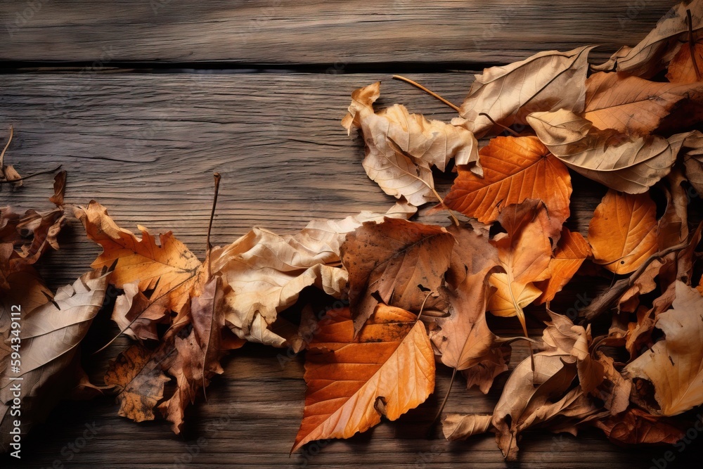  a bunch of leaves that are laying on the ground on a wooden surface with a blurry image of the leav