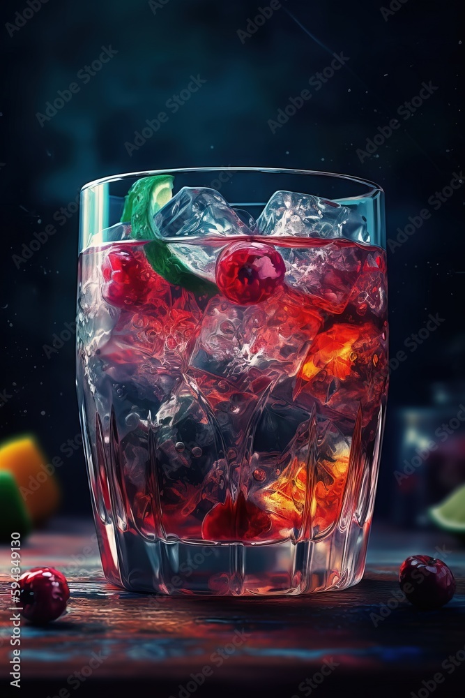  a glass filled with ice and cherries on top of a wooden table next to a slice of lime and a slice o