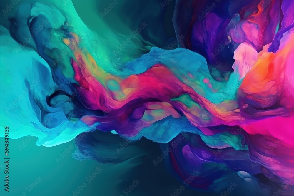  an abstract painting of blue, pink, and purple colors with a green background and a blue sky in the