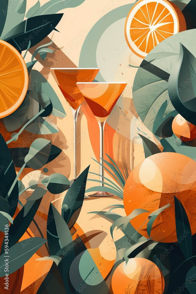  a painting of oranges and a glass of wine on a table with leaves and a wall of oranges in the backg