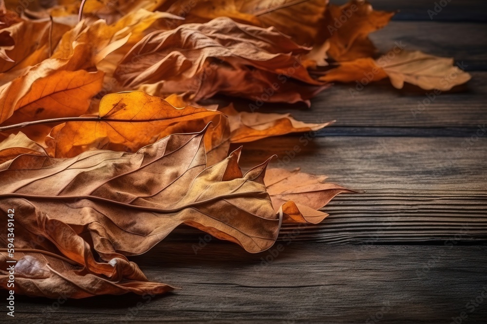  a bunch of leaves that are laying on a wooden table with a black background and a black and white p