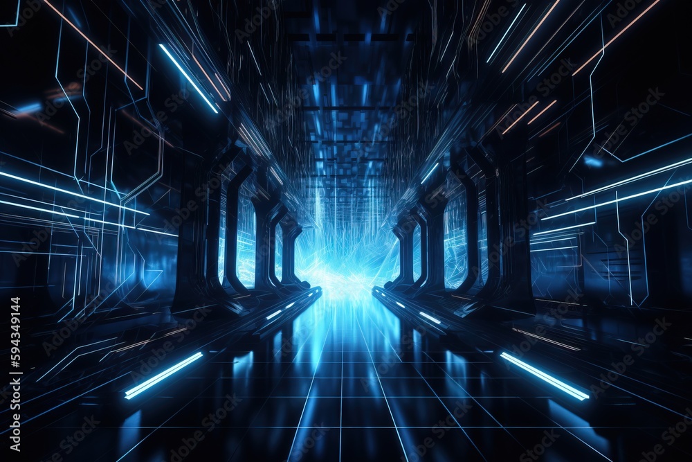  a futuristic hallway with neon lights and a blue light at the end of the tunnel is a dark room with