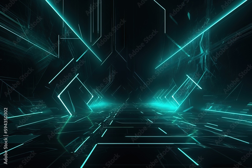  a dark room with neon lights and a black floor with a pattern of squares and rectangles on the floo