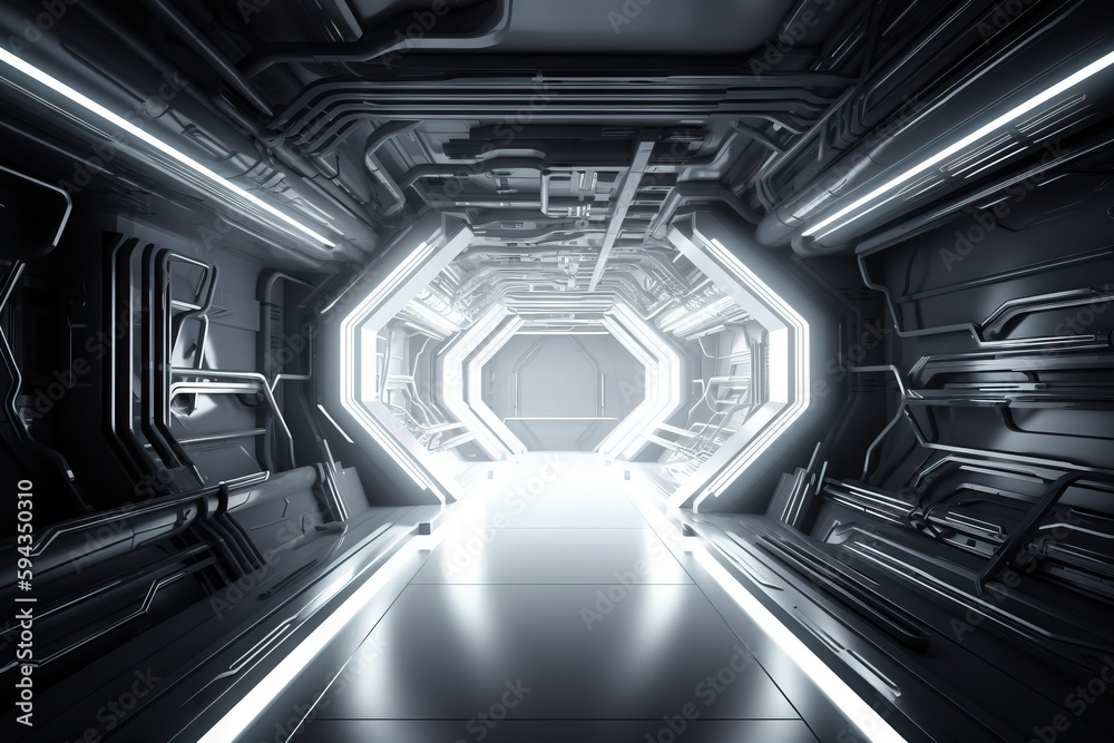  a futuristic looking hallway with neon lights and a white light at the end of the tunnel is a long 