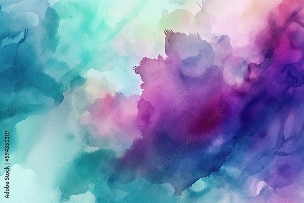  a painting of blue, pink, and green colors on a white background with watercolors on it and a white