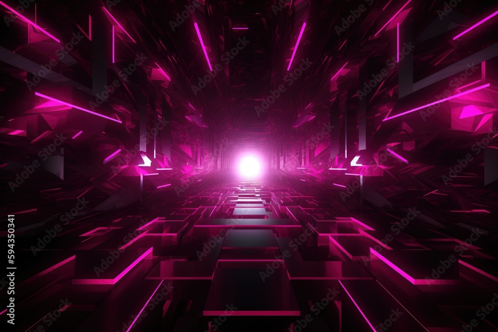  a tunnel with a bright light at the end of the tunnel is filled with cubes and lines of varying siz