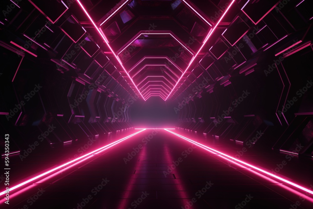  a dark tunnel with neon lights and a long corridor leading to the end of the tunnel is shown in the