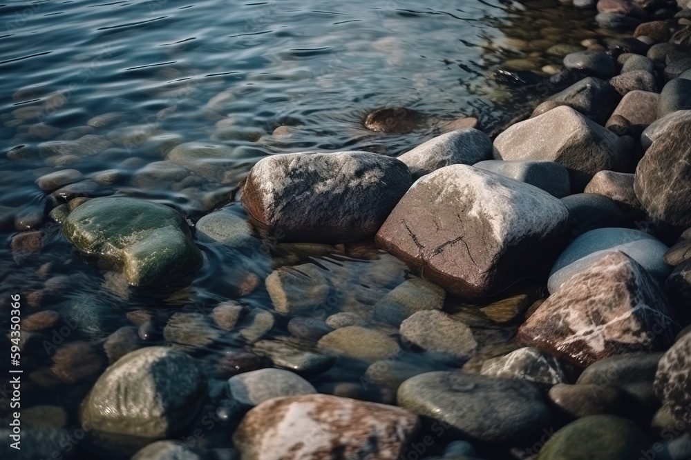  a rocky shore with rocks and a body of water in the background, with a few waves coming in from the