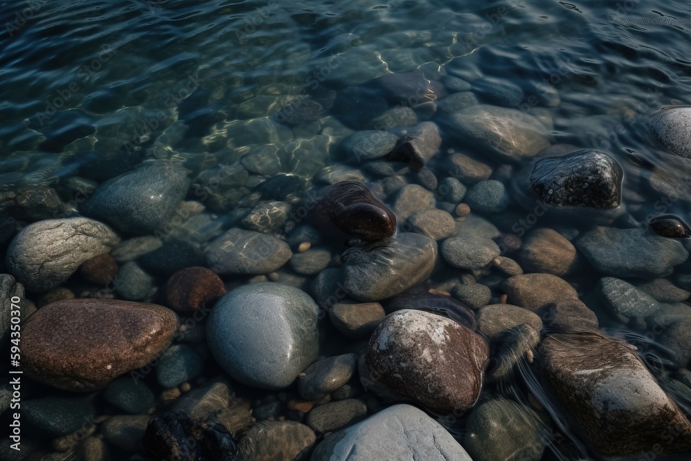  a bunch of rocks sitting on top of a body of water next to a body of water with a boat in the dista