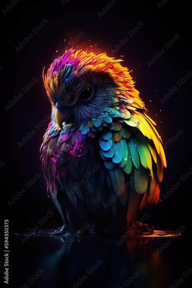  a colorful bird sitting on top of a black table next to a black wall with a bright light shining on