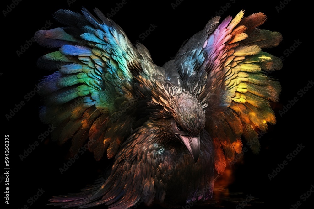  a colorful bird with its wings spread out and its eyes closed, with its head turned to the side, on