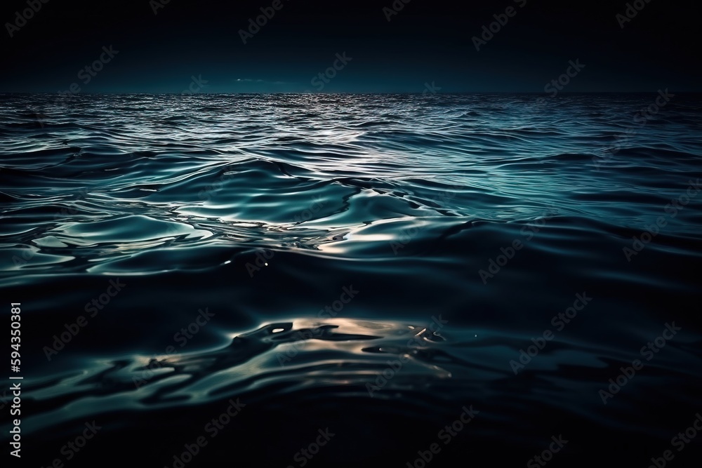  a dark ocean with a full moon in the sky and water in the middle of the ocean, with a dark sky in t