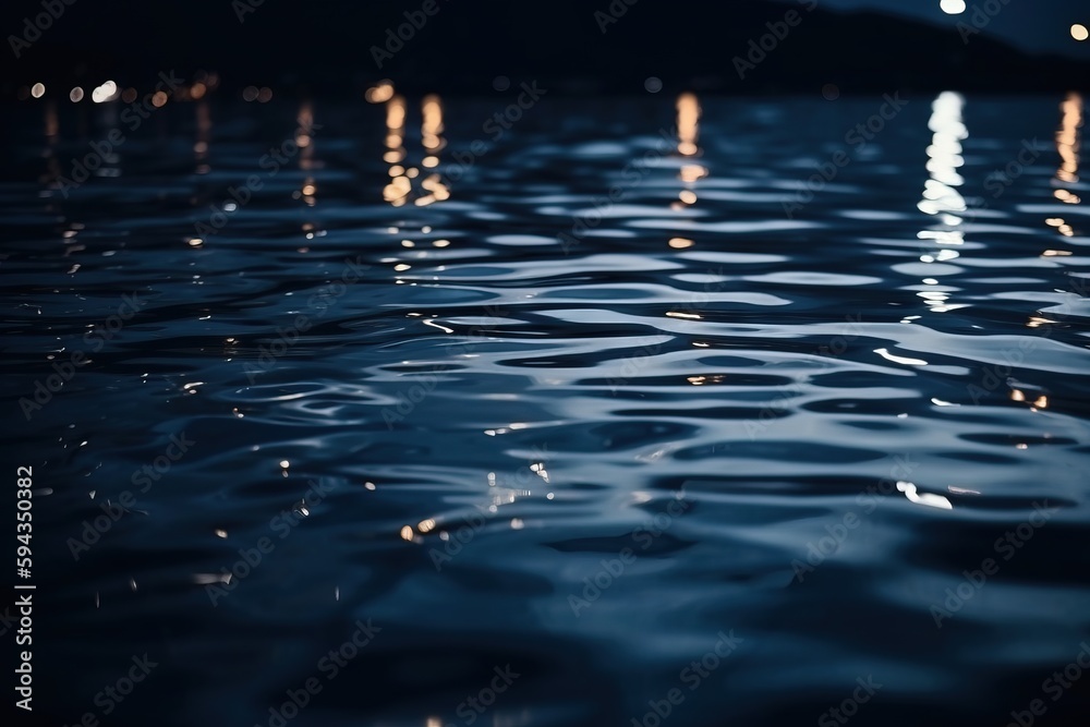  a body of water with a lot of water bubbles on its surface and lights reflecting off of the water