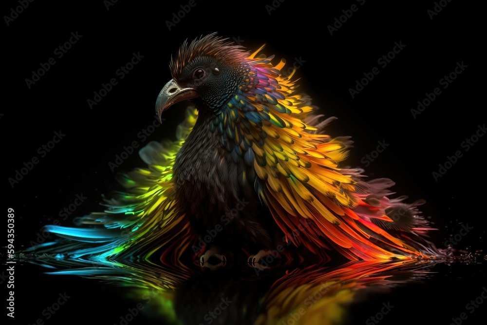  a colorful bird sitting on top of a body of water next to a black background with a reflection of i