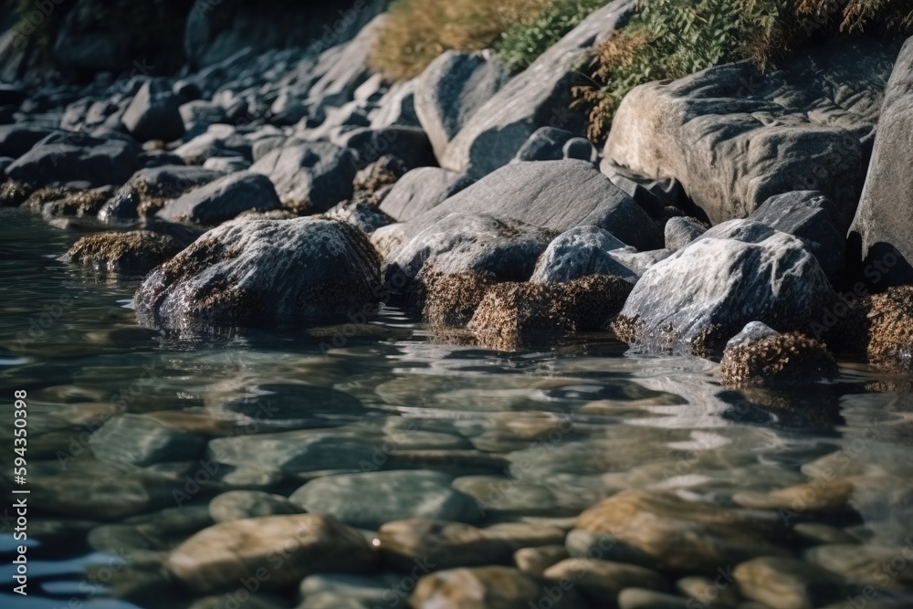  a rocky shore line with a body of water surrounded by large rocks and grass on either side of the s