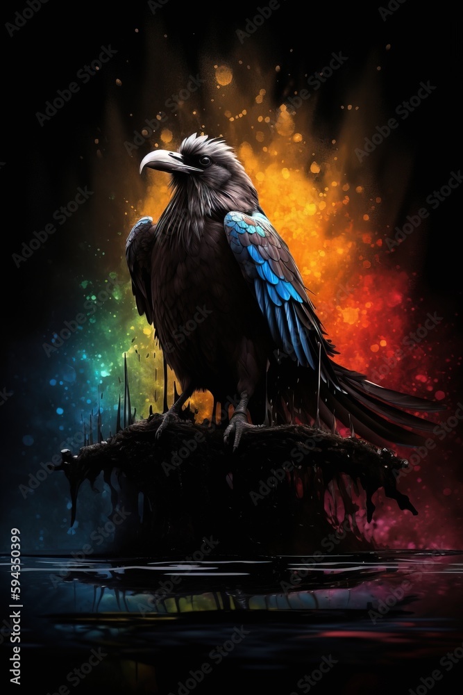  a painting of a bird sitting on top of a piece of wood in the water with a colorful background of f