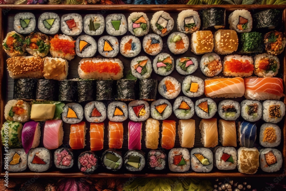  a wooden box filled with lots of different types of sushi on top of a bed of vegetables and rice ne