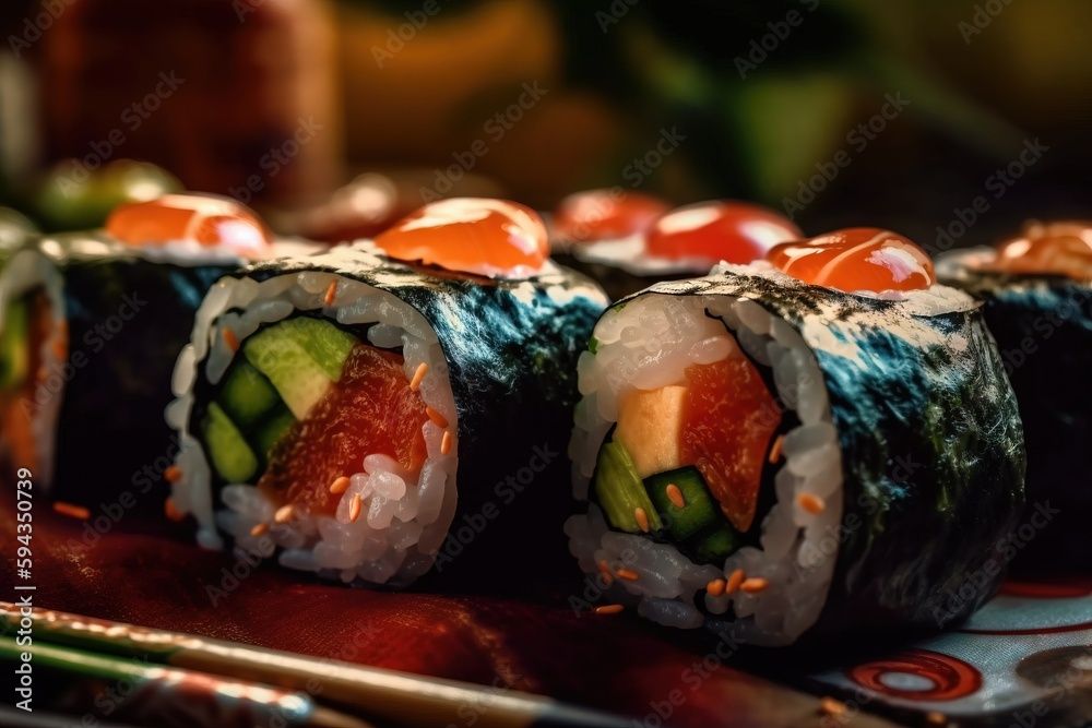  a close up of sushi rolls with cucumber and tomato on them on a plate with chopsticks on the side o