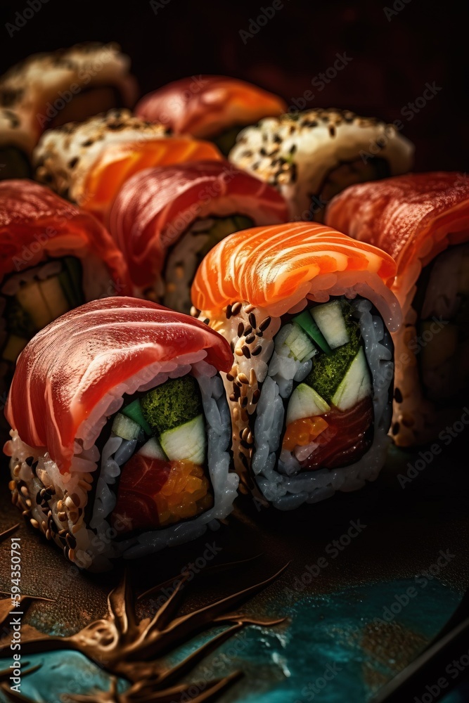  a plate of sushi with cucumbers, avocado, and sesame seeds on it, on a dark surface with a gold lea