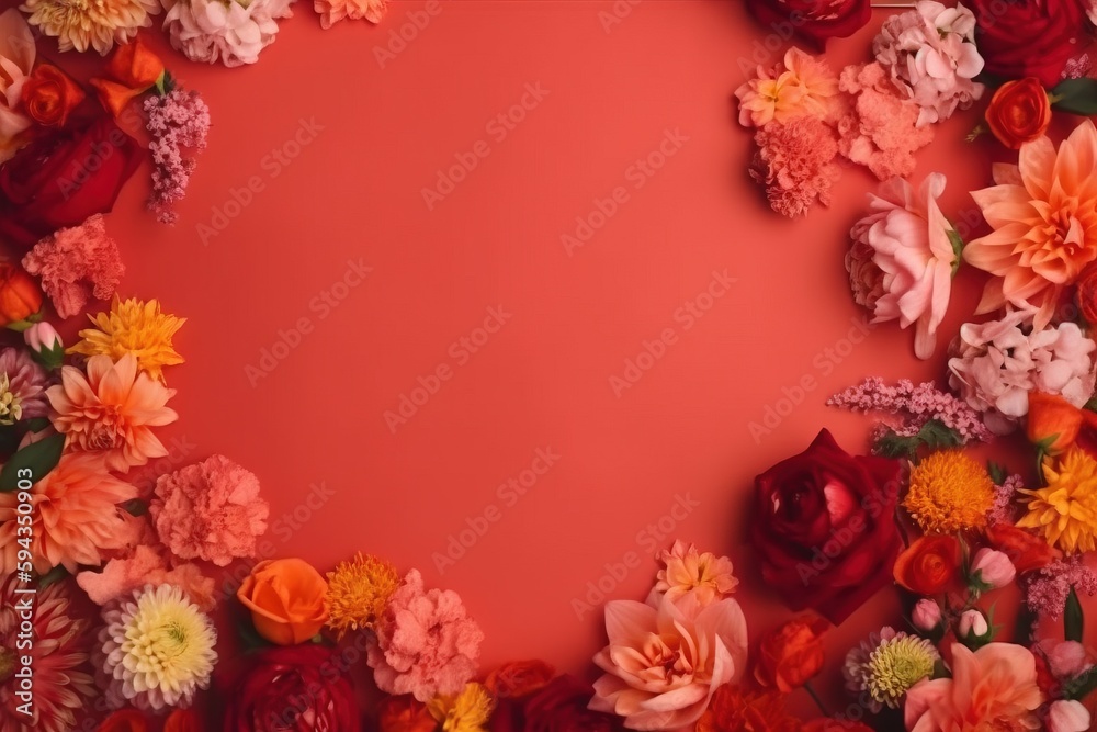  a red background with a bunch of flowers on it and a place for a text on the bottom of the image is