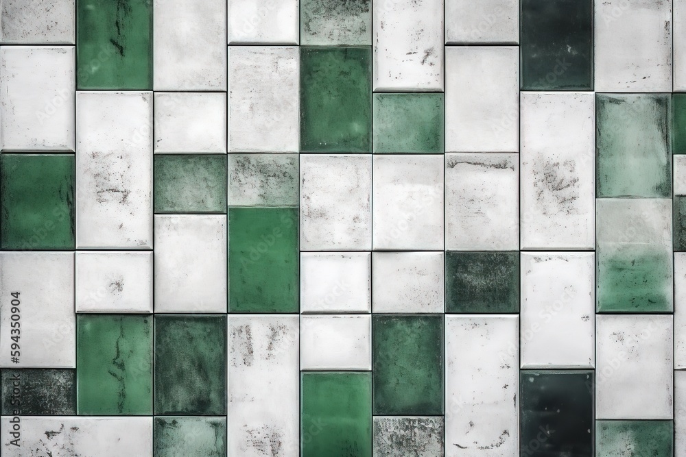  a green and white tile wall with a black and white design on its side and a black and white design