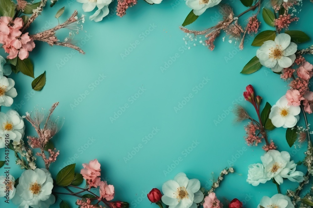  a blue background with white and pink flowers and leaves on the bottom of the image is a square fra