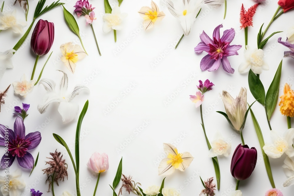  a bunch of flowers that are laying on a white surface with a place for the text on the top of the p