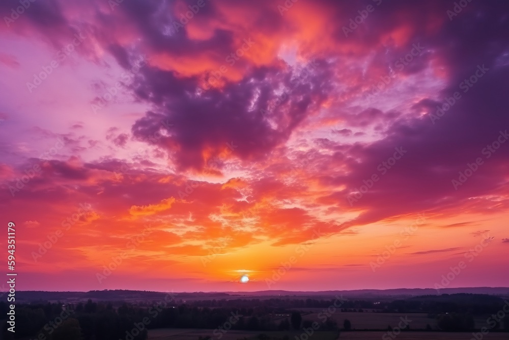  the sun is setting over a field with trees in the foreground and clouds in the sky in the backgroun