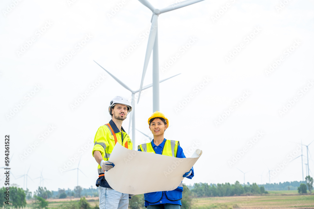 Technician engineer inspection work at wind turbine electricity industrial,Concept of alternative en