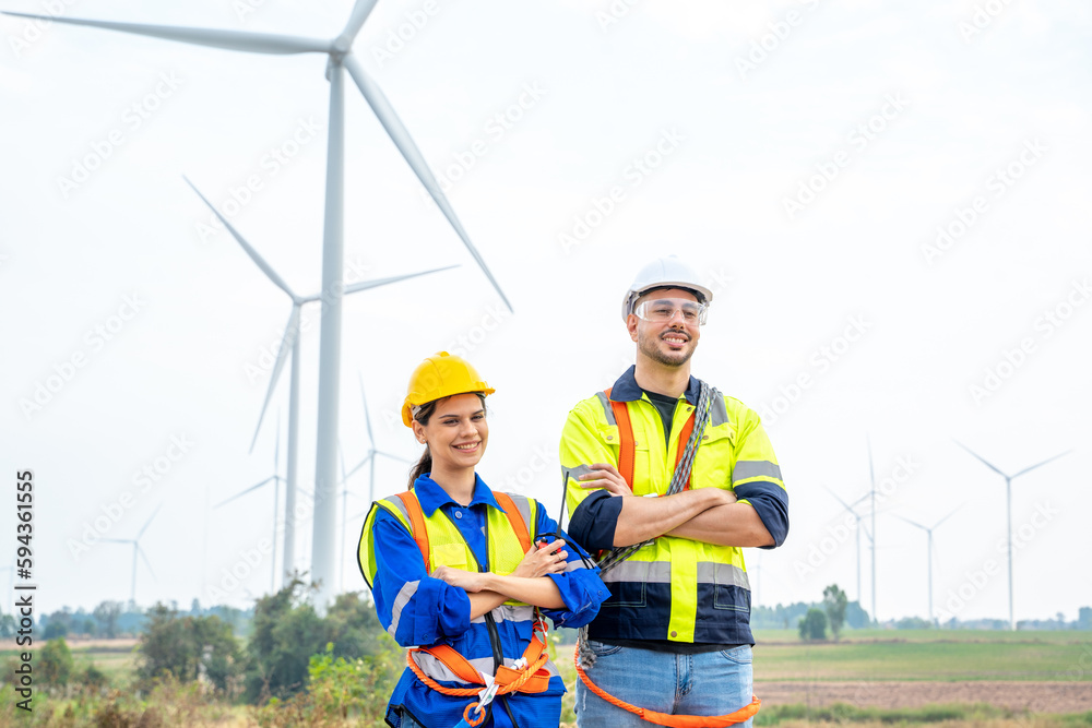 Power engineer are working with wind turbines,Green ecological power energy generation wind sustaina