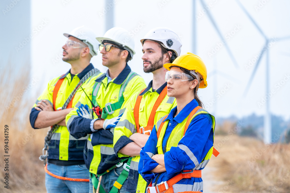 Engineer inspection wind power plants with check performance,Clean energy concept saves the world.