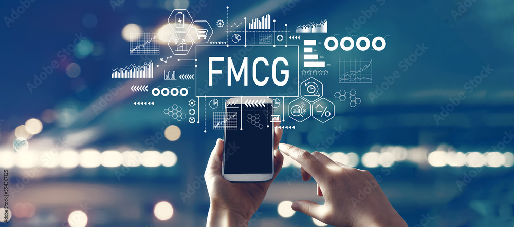 FMCG - Fast Moving Consumer Goods theme with person using a smartphone