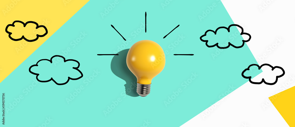 Yellow light bulb with cloud sketches - Flat lay